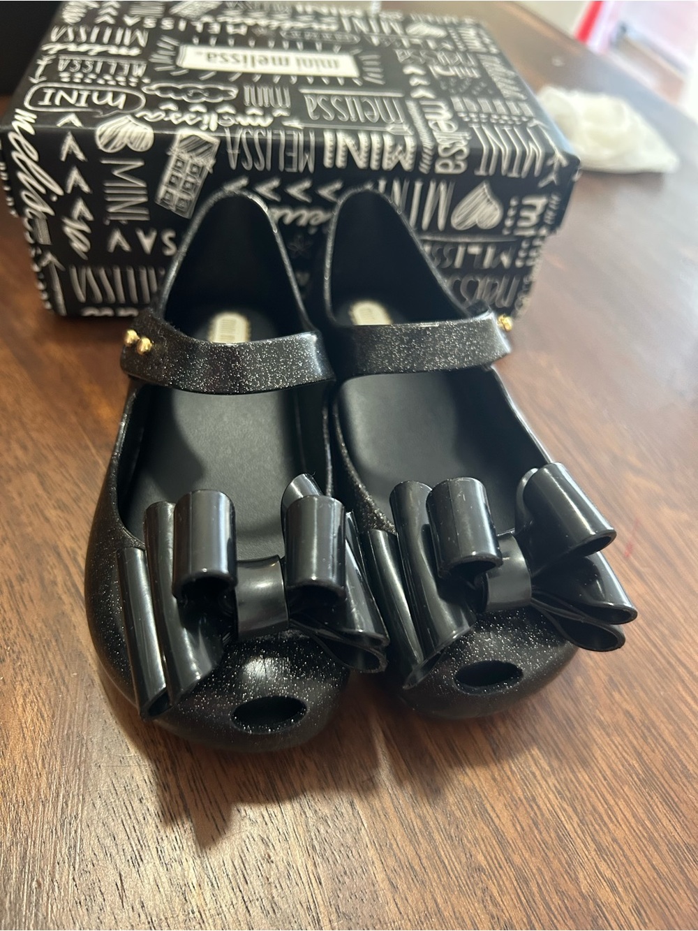 Mini Melissa Black Glitter Mary Jane Flats with Bow NWT - Picture 2 of 4